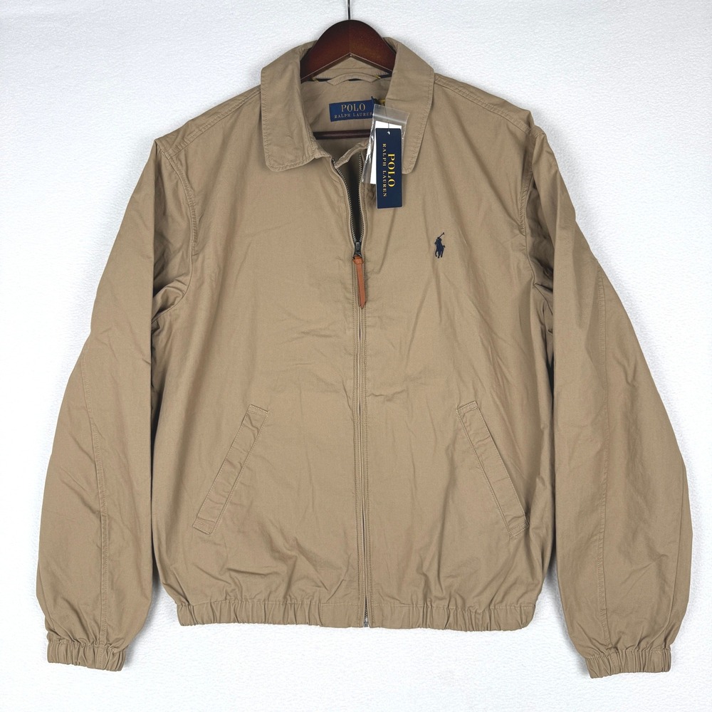 NWT Polo Ralph Lauren Bayport Poplin Jacket Mens Medium Tan Beige Zip Up Bomber